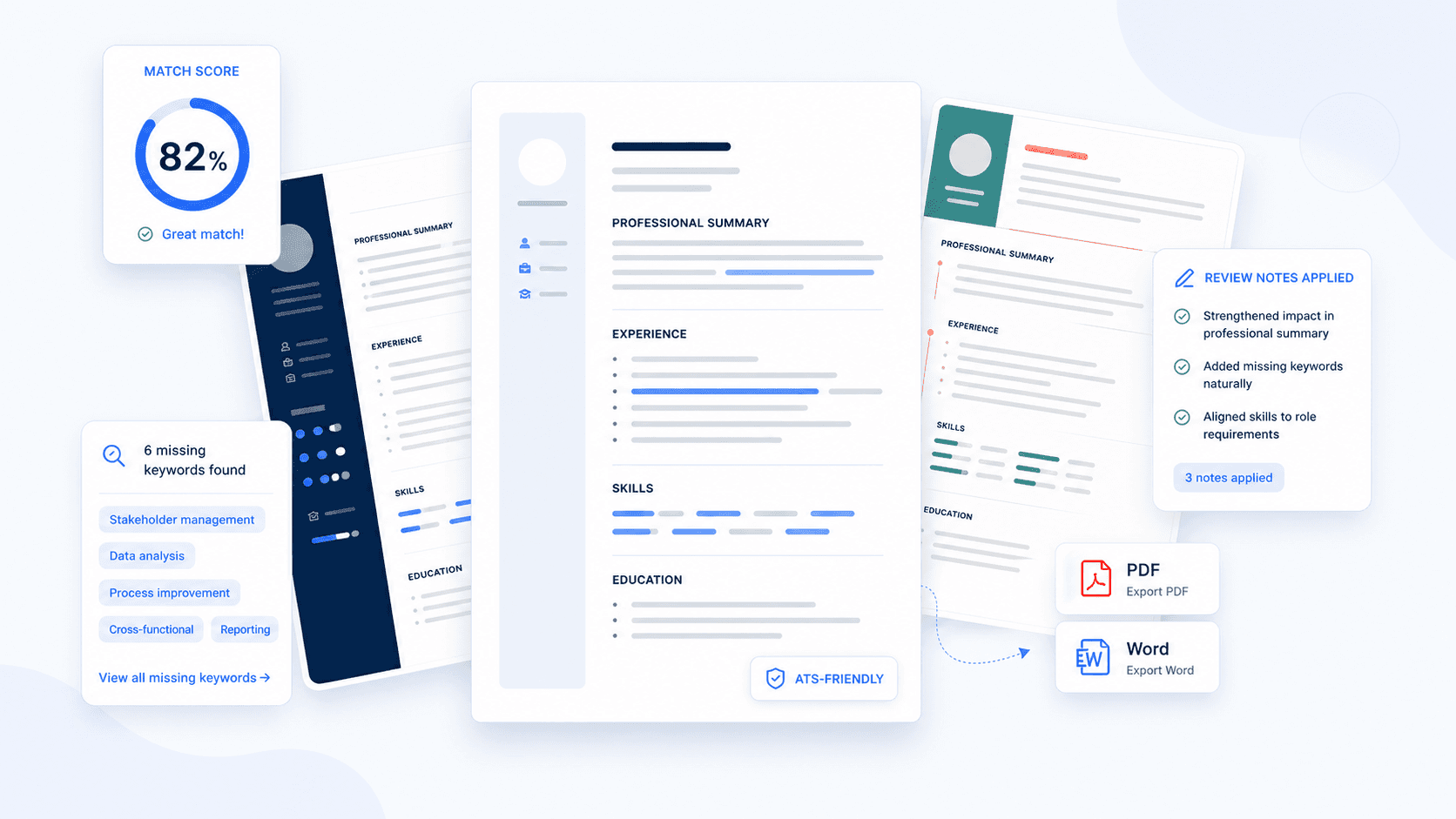 Optimised CV output showcase with multiple CV templates, match score, missing keywords, review notes, and PDF and Word export cards.
